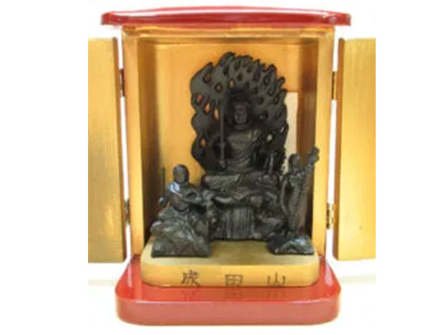 木製漆塗り 仏像 成田山 不動明王三尊像 開眼 ミニ仏像 全長約12cm